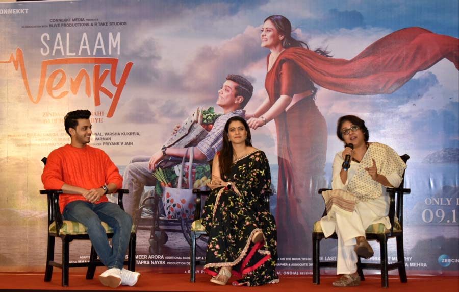 (Left to right) Actors Vishal Jethwa and Kajol with director Revathi at the promotion of their upcoming film Salaam Venky at The Oberoi Grand, Kolkata, on December 5