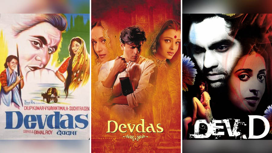 Posters of movie adaptations of 'Devdas' through the years  — 'Devdas' (1955) directed by Bimal Ray with Dilip Kumar in the lead role; Sanjay Leela Bhansali-directed 'Devdas' (2002) and 'Dev D' (2009) directed by Anurag Kashyap