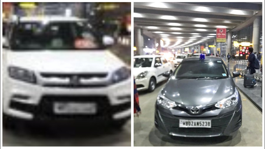 A vehicle with a ‘Government of India’ board and (right) one with a blue beacon parked outside the Kolkata airport’s terminal building at the arrival level early on Tuesday. Both cars remained parked for over an hour