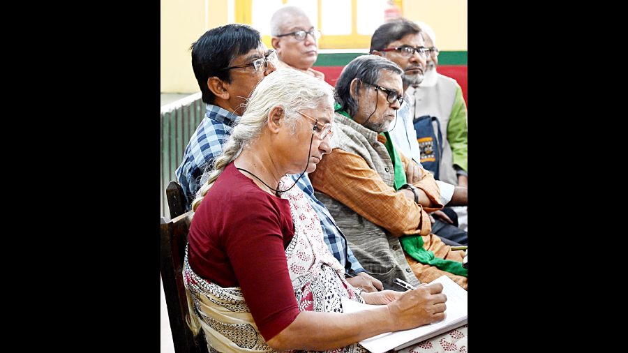 Social activist Medha Patkar and others at the meeting at Bharat Sabha in Bowbazar on Wednesday