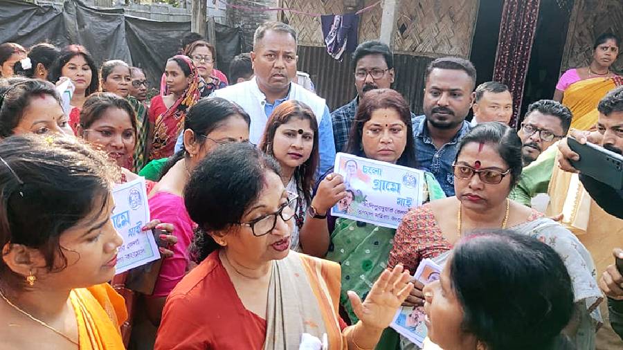 Minister of state for health and family welfare Chandrima Bhattacharya (gesticulating) at an event organised by Trinamul’s women’s wing in Madarihat of Alipurduar on Wednesday