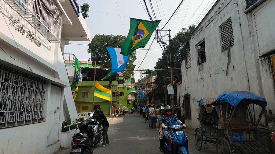 Brazil and Argentina flags exist share space at 41 Pally club in Haridevpur