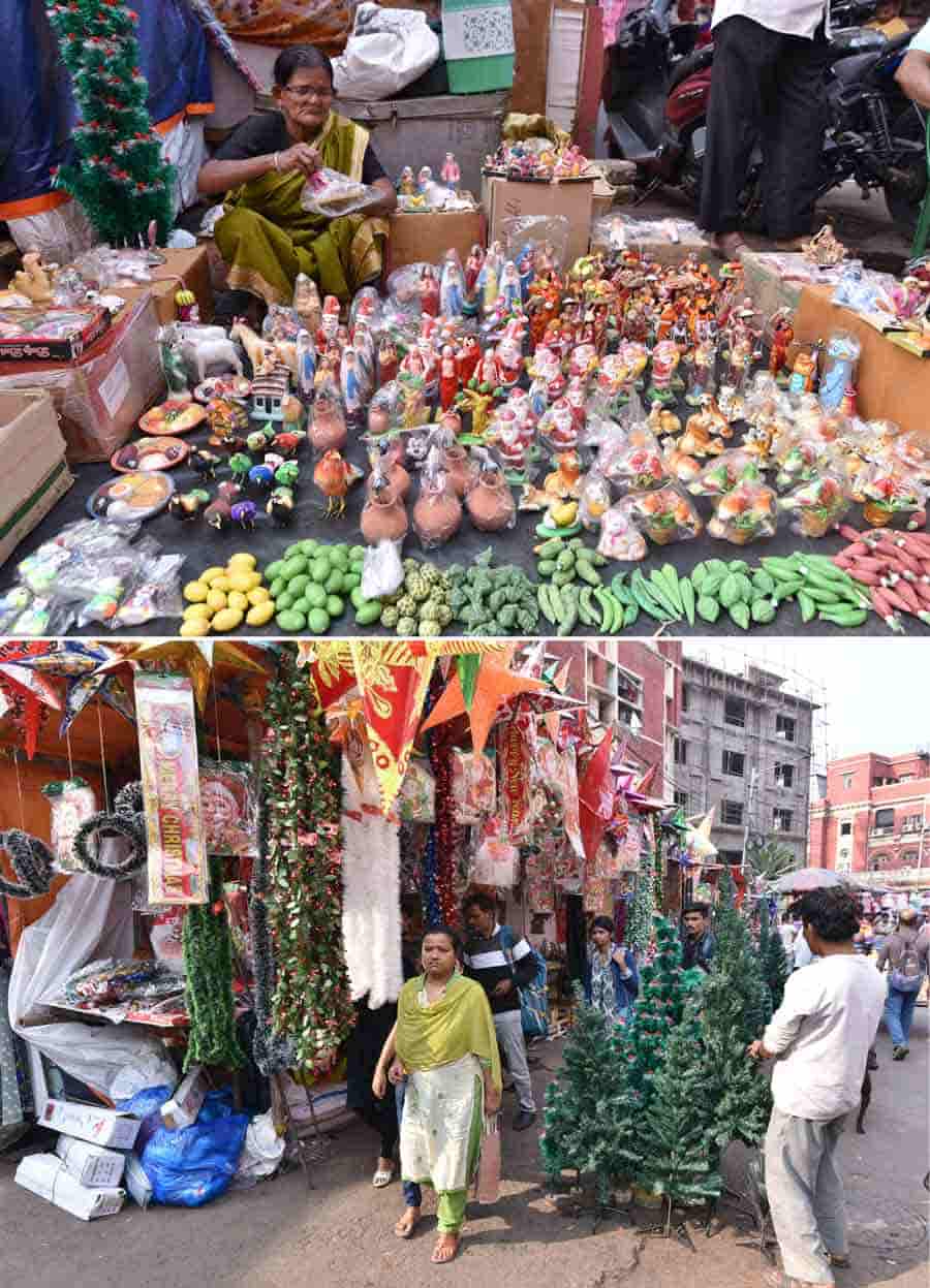 (Bottom) Keeping in tune with the Christmas celebrations, shopkeepers at New Market decorate their shops on Thursday. (Top) a woman sells statuettes of Santa Claus and Mother Mary