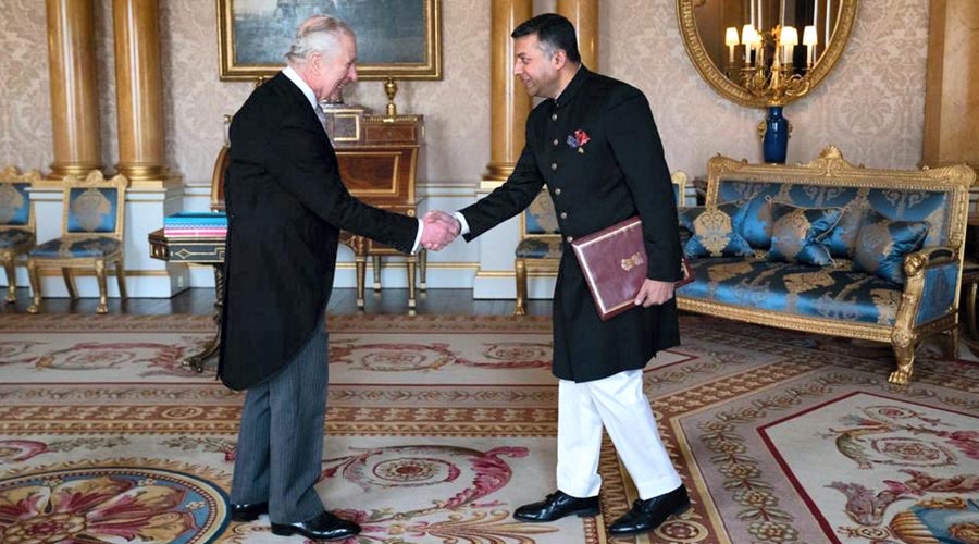 Indian High Commissioner to the UK Vikram Doraiswami presents his credentials to King Charles III at Buckingham Palace in London