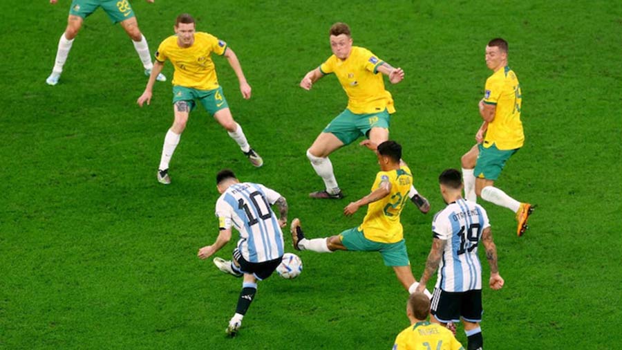Right wing: Lionel Messi (Argentina) — Messi rolled back the years against Australia with a bunch of vintage dribbles and hypnotic close control that made for an awesome highlight reel even by his standards. His signature moment arrived on 35 minutes when he showed some neat feet in the box to pass the ball through the legs of Harry Souttar for his first-ever World Cup knockout goal