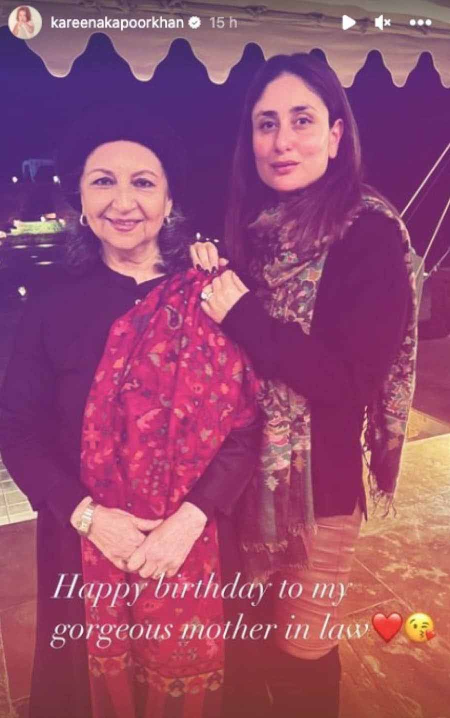Kareena shared a picture of her with her “gorgeous mother in law” Sharmila as an Instagram story to wish the latter on her birthday. Sharmila looked elegant in a black kurta and red shawl. Kareena wore a black sweater, jeans and thigh high boots.