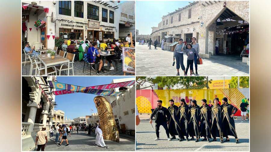 (Clockwise from top left) The Mukherjees tried out an array of cuisines but Avishek liked Azerbaijani delicacies the best; Moupia with the girls on some retail therapy at Souq Waqif;  a traditional Saudi men’s dance and Souq Waqif decked up with flags of participating nations