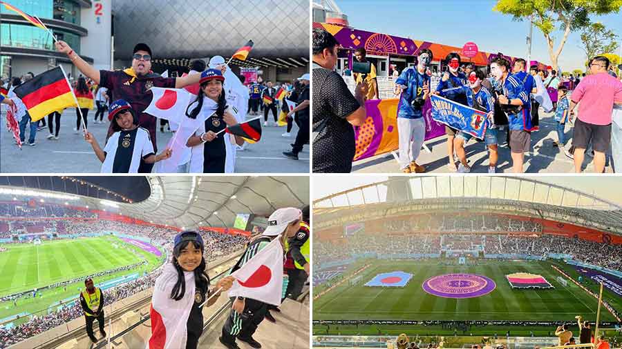(Clockwise from top left) Girls persuaded to sport German colours by dad Avishek; Japanese fans outside Al Bayt Stadium; the kick-off and Myra changes colours midway through the match