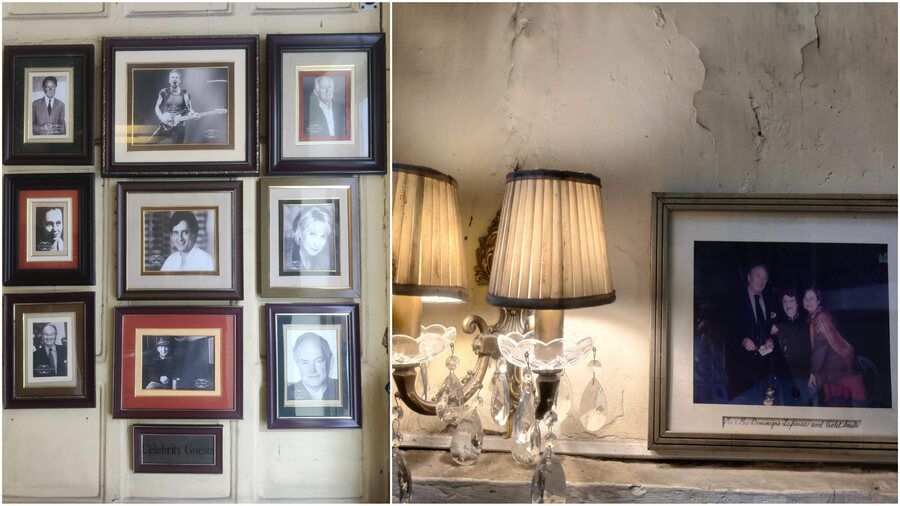 (Left) A wall dedicated to all the celebrity guests Fairlawn has hosted over the years. Dominique’s portrait is on the bottom left. (right) A portrait of Dominique with his wife and Violet Smith.