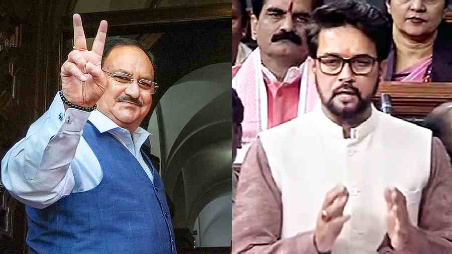 BJP president JP Nadda in Parliament on Friday and (right) Union minister Anurag Thakur in the Lok Sabha on Friday.