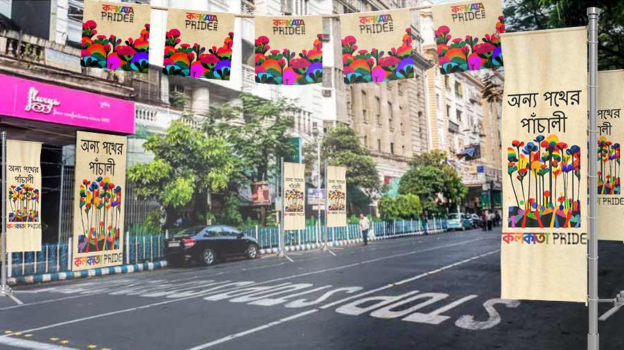 A mock-up of Park Street with pride flags and banners