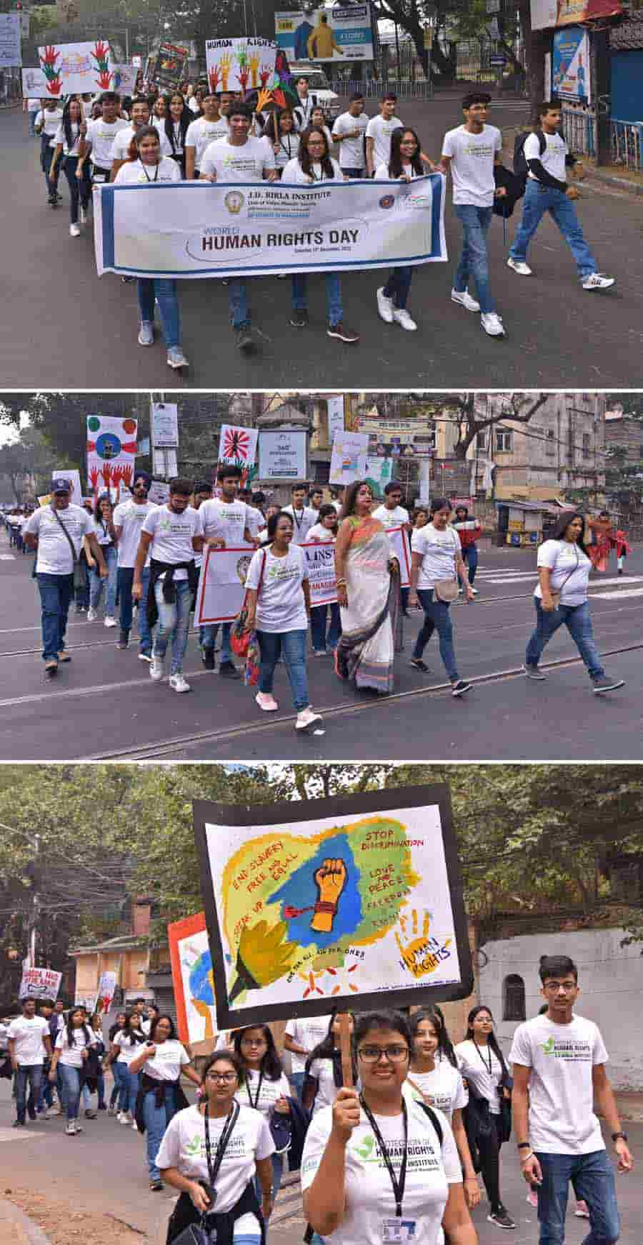 Students of the department of management, J D Birla Institute, organised a silent walk to mark the occasion of Human Rights Day celebrated globally on December 10. Dr Manabi Bandyopadhyay (2nd picture) flagged off the rally and walked with the students. A ‘nukkad natak’ was also performed by the participants of the silent walk