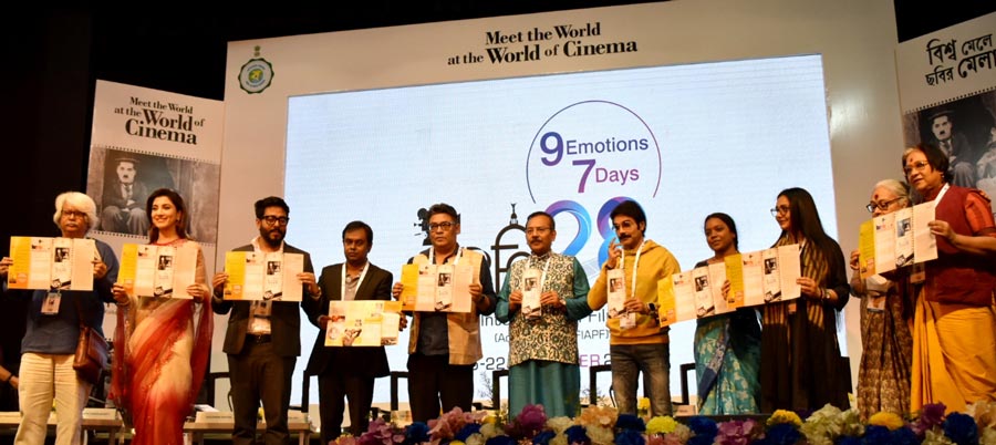 West Bengal minister for Sports and Youth Affairs and Power and chief advisor for Kolkata International Film Festival, Aroop Biswas, flanked by personalities of the entertainment world. (From left) Film director Haranath Chakraborty, actor Rukmini Maitra, film director Raj Chakraborty (chairman KIFF), singer Indranil Sen, actor Prosenjit Chatterjee, actor June Malia and film director Sudeshna Roy (extreme right) at a press meet organised on Saturday for the upcoming 28th Kolkata International Film Festival. The eight-day KIFF will begin on December 15