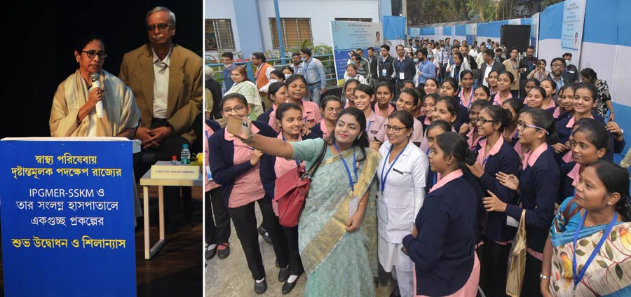 West Bengal chief minister Mamata Banerjee inaugurated and laid the foundation for a bouquet of projects at the IPGMER-SSKM Hospital and annexe building on Thursday. (Right) Nurses click selfies on the occasion