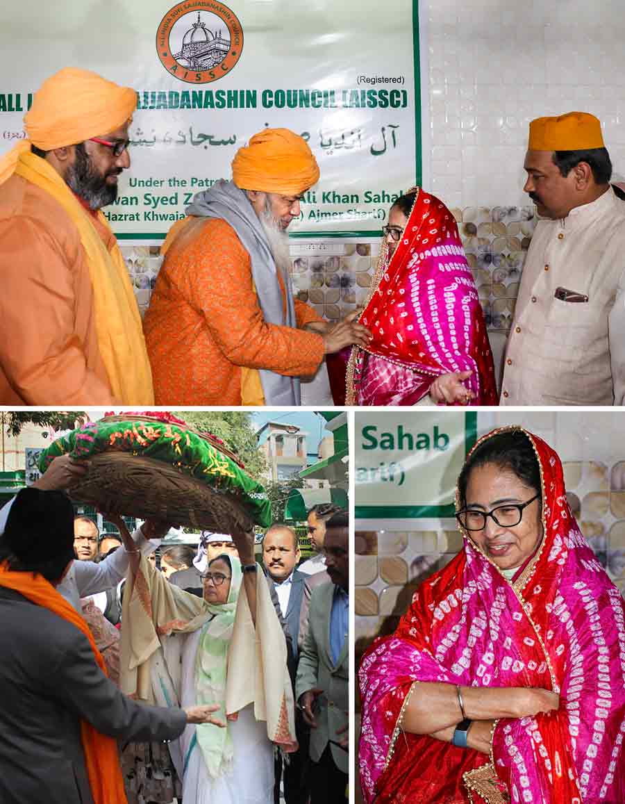 West Bengal chief minister Mamata Banerjee at Ajmer Sharif Dargah on Tuesday. The chief minister met Ajmer Dargah diwan Zainul Abedin Khan during her visit 