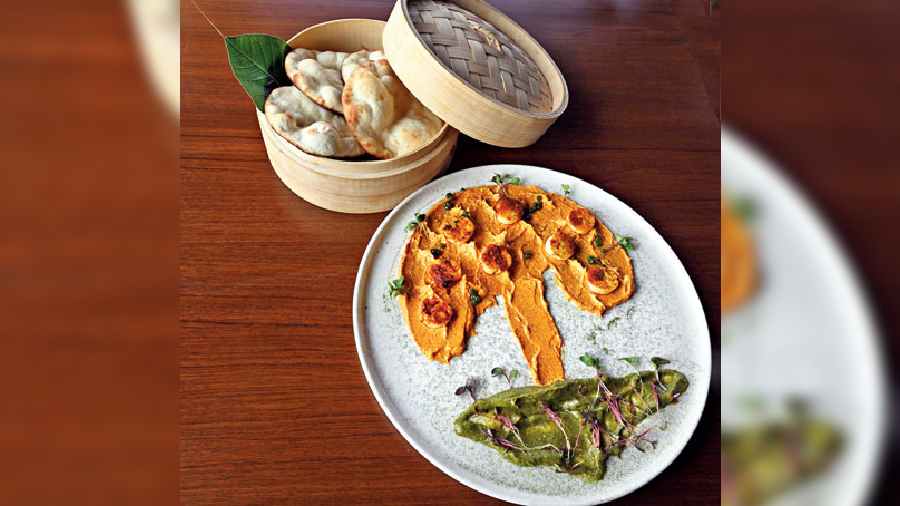 Cheese Sandoz Tree: An cold item replicating the Roots logo on the plate, this one has pita bread served with an unconventional yam pate and paneer tikka yam pate served with homemade coriander and soya caviar