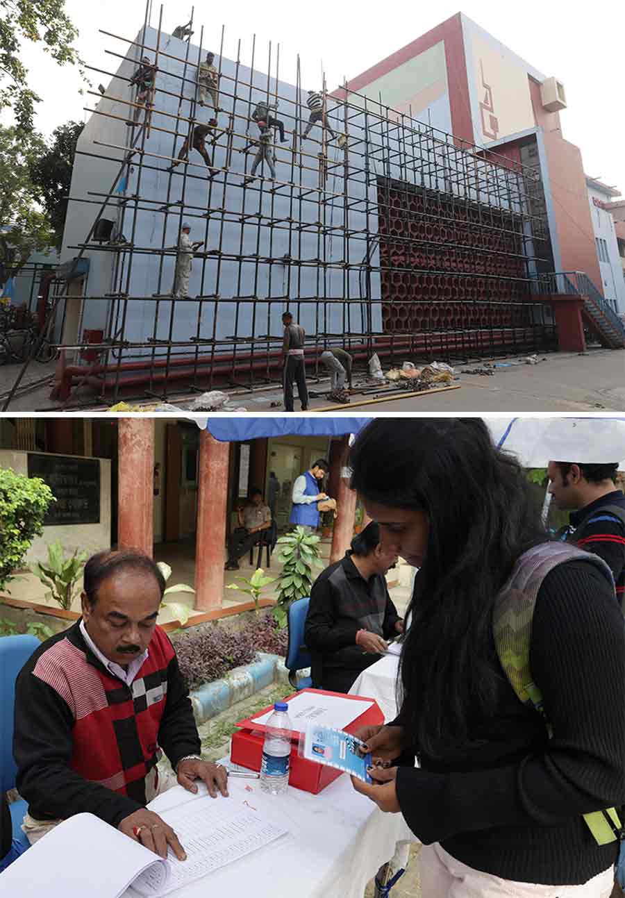 (Top) Last-minute preparations in progress for 28th Kolkata International Film Festival (KIFF) scheduled from December 15 to 22. (Bottom) A woman collects her delegate card for the event
