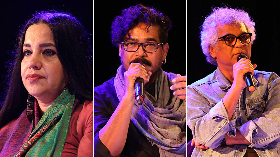 (L-R) Ramanjit Kaur, theatre and film personality; Sanatan Dinda, visual artist and Suman Mukhopadhyay, theatre and film director were the speakers at the panel discussion