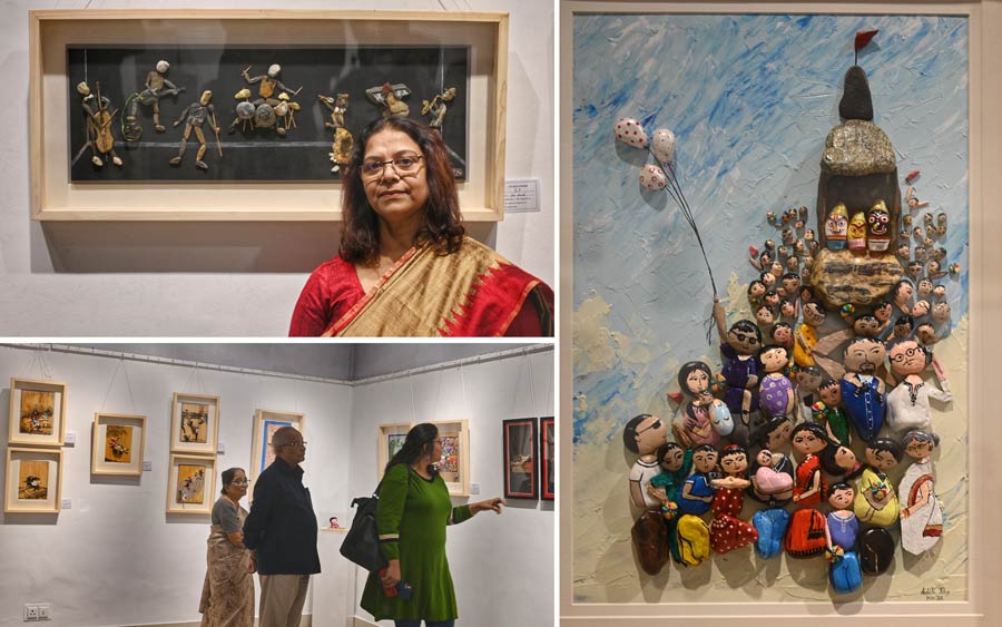Piedra: Sketches in Stone II, an exhibition of pebble art by artist Aditi Ray on display at the Academy of Fine Arts on Wednesday. (Anti-clockwise from top) Aditi Ray poses with one of her artworks. A pebble artwork by Ray. Visitors check out different artworks on display