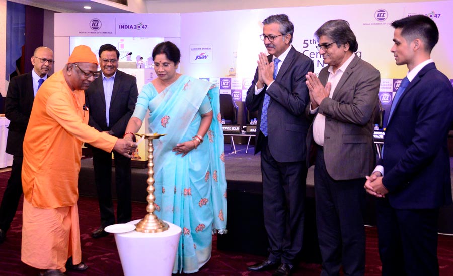 Shashi Panja, cabinet minister, Industries, Commerce & Enterprises and Department of Women and Child Development and Social Welfare, government of West Bengal, flanked by other dignitaries lights the lamp at the 5th Cementing India - Discussion on Decarbonisation of Cement Sector and Transition to Low Carbon Economy at The Park, Kolkata