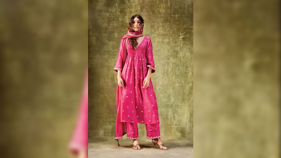 The collection will feature motifs that are rooted in Indian culture, too. Visitors can choose from their exquisite range of lehnga, saris and kurta sets.