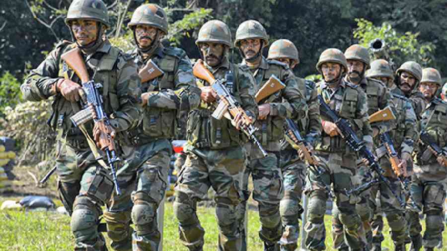 Indian Army personnel conduct drills at Kibithu close to the LAC in Anjaw district of Arunachal Pradesh in March 2018.