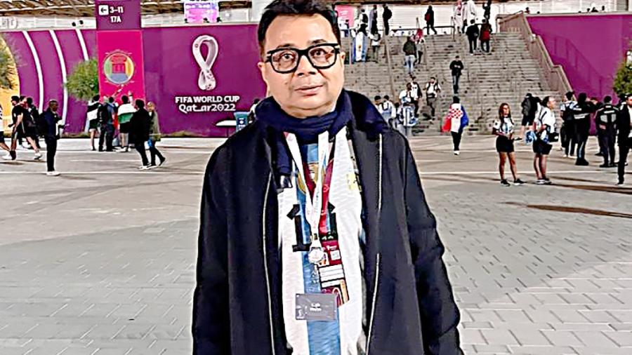 Avijit Das in front of the Lusail stadium before the semi-final on Wednesday