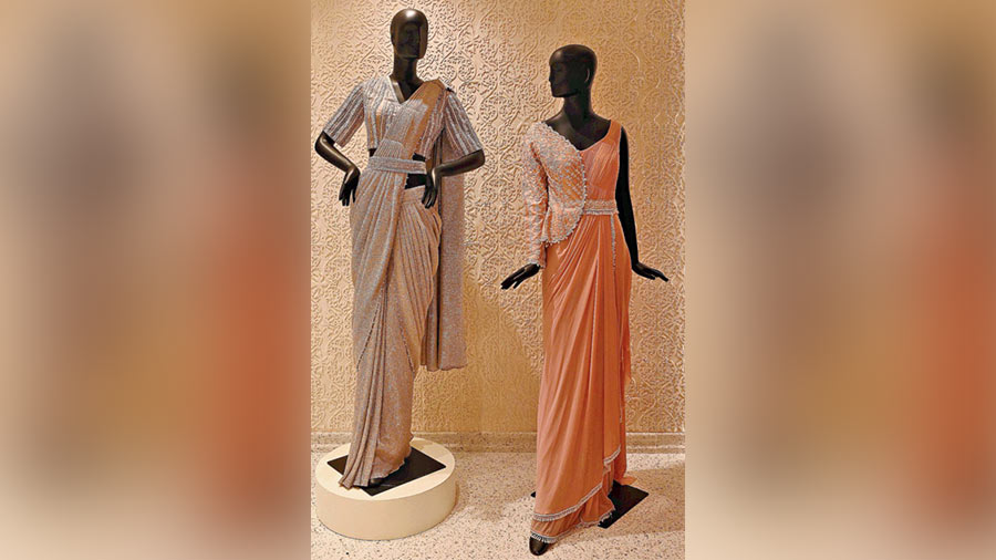 The sari section on the first floor has a special zone dedicated to contemporary draped saris. Segregated according to the colour palette, it features saris designed with pearl work, sequin work, zardozi work, Parsi and Kashmiri thread work, pita work and Swarovski crystals.