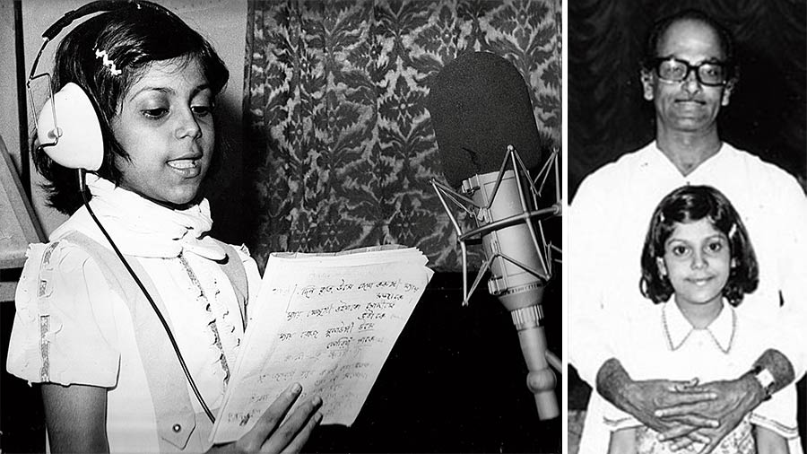 (Left) Antara Chowdhury recording Bulbul pakhi as a child; (Right) Antara Chowdhury with her father, Salil Chowdhury