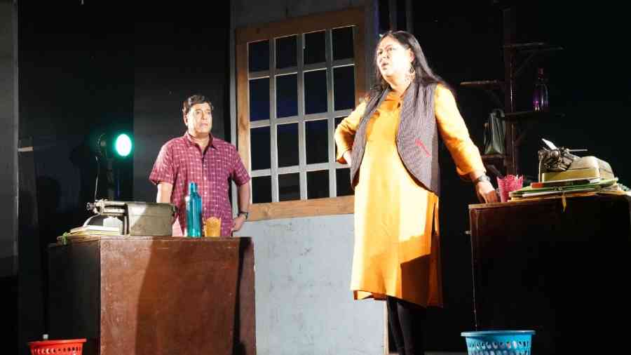 Debshankar Halder and Poulami Chatterjee in a moment from the play Typist on Sunday evening.