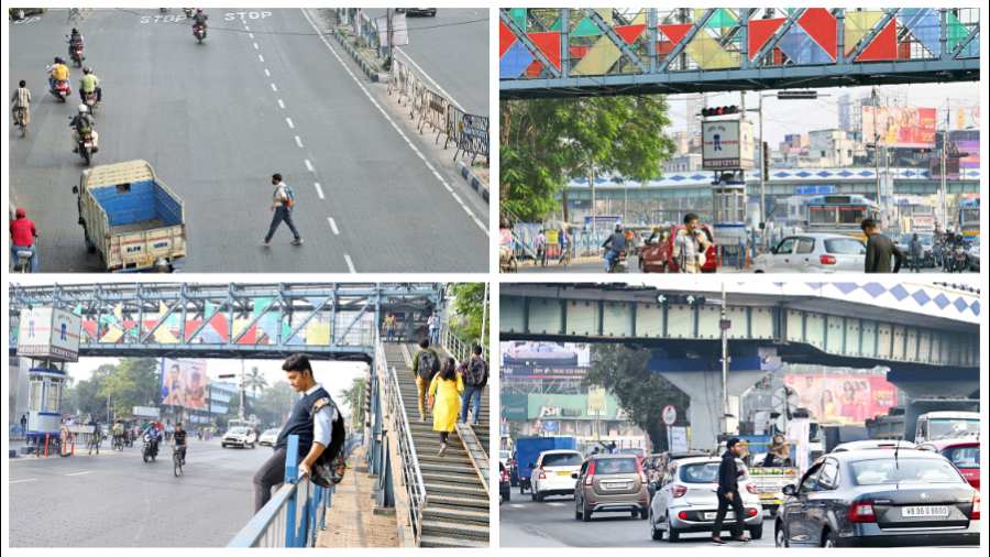 Pedestrians walk across EM Bypass at the Chringrighata crossing, ignoring traffic, on Wednesday