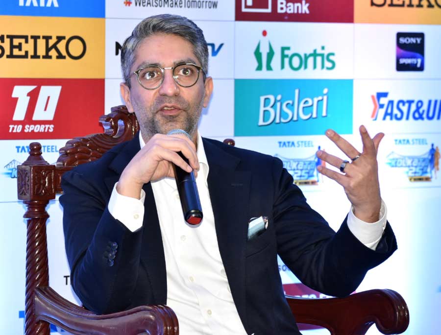 Olympic gold medallist and ace shooter and ambassador of Tata Steel Kolkata 25K marathon, Abhinav Bindra, interacts with the media in Kolkata on Friday. The marathon will be held on December 18, 2022. The seventh edition of the race is back after the COVID pandemic