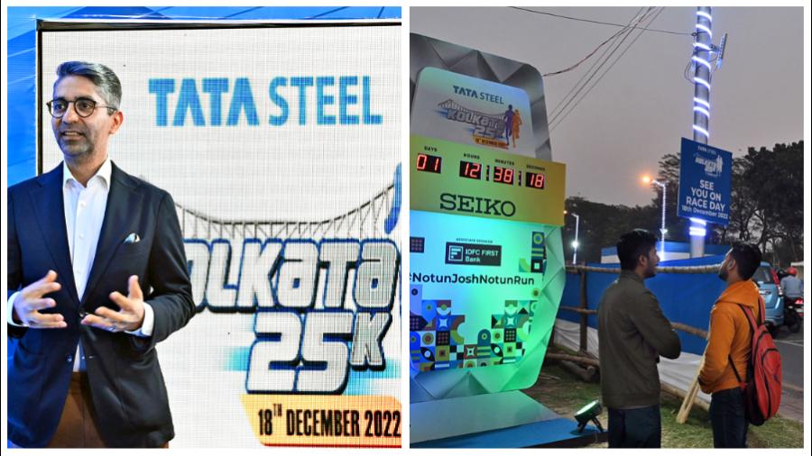 Shooter Abhinav Bindra, who will flag off Tata Steel Kolkata 25K, at a news conference on Friday; (right) the race clock on Red Road, prepared ahead of Sunday’s event
