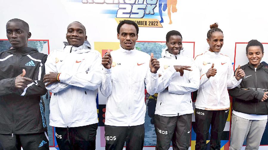 (From left) International runners Leonard Barsoton, Victor Kiplangat, Birhanu Legese, Mercyline Chelangat, Ashete Bekere and Anchalem Haymanot, who will compete in the 25K category on Sunday