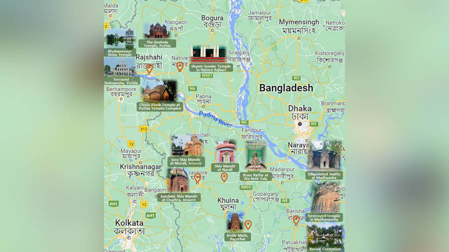 A map tracing the author’s journey through the temples in Bangladesh
