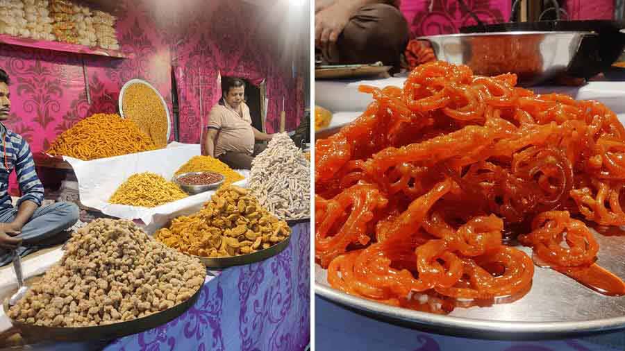With fried sweet and savoury delights, Radha Gobinda Mistanna Bhandar is one of the first stalls you see upon entering. Serving over 15 types of treats assembled in huge piles, the jaggery jalebi (right) is by far their best-selling item, with people finding it difficult to stop at one