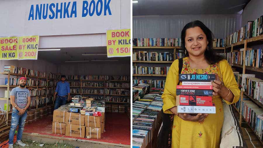 Anushka Book, a bookstore based in Dharmatala notched up curiosity with its one-of-a-kind offer: selling books according to weight! “Our motive is to not just sell books but also create readers. We’ve had an exciting response and many of the popular books have already been sold out, with customers urging us to restock,” said Akhilesh Singh, manager of the store. (Right) Rianka Bose, assistant professor at Army Institute of Management picked up six books, weighing two kilograms. “I enjoy visiting this mela every time, but getting books at these prices is the cherry on top. I have a collection of 1,000 books at home and love reading,” she added 