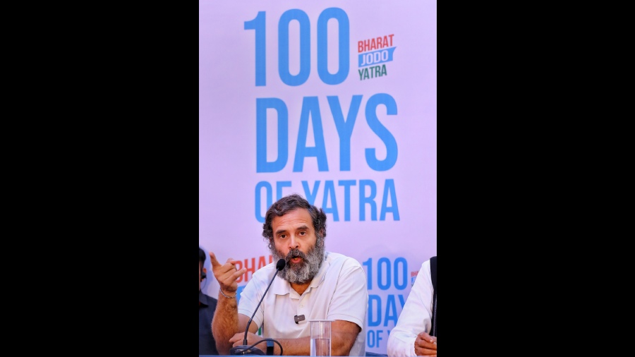 Rahul Gandhi addresses a press conference on the completion of 100 days of the foot march. 