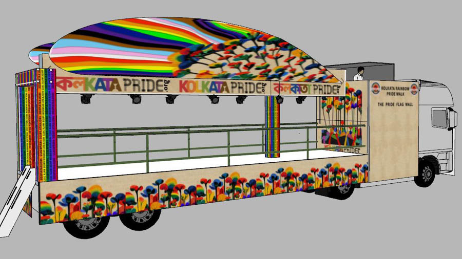 A digital model of the truck getting readied for the Pride Walk