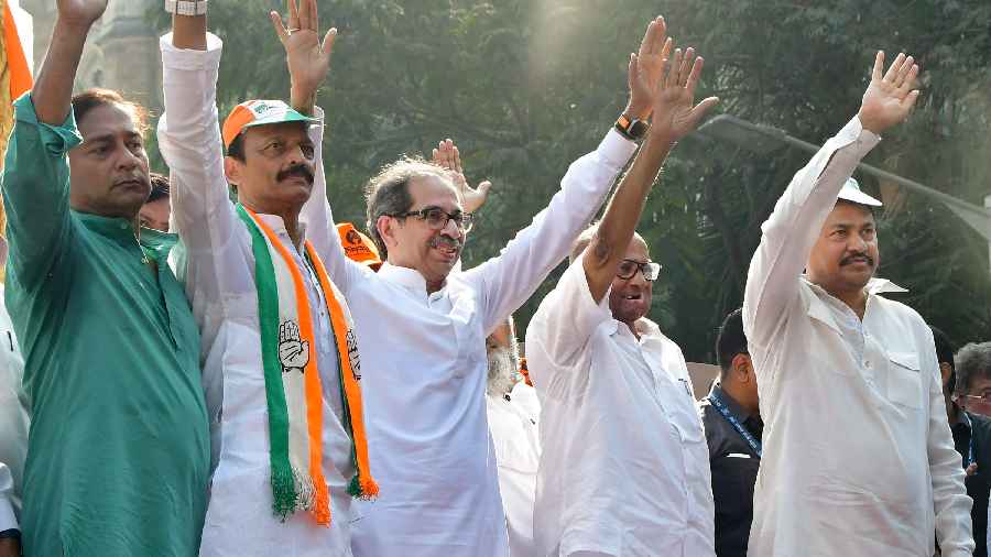 NCP Chief Sharad Pawar, Shiv Sena Chief Uddhav Thackeray and others during an MVA's protest rally against the state government, in Mumbai