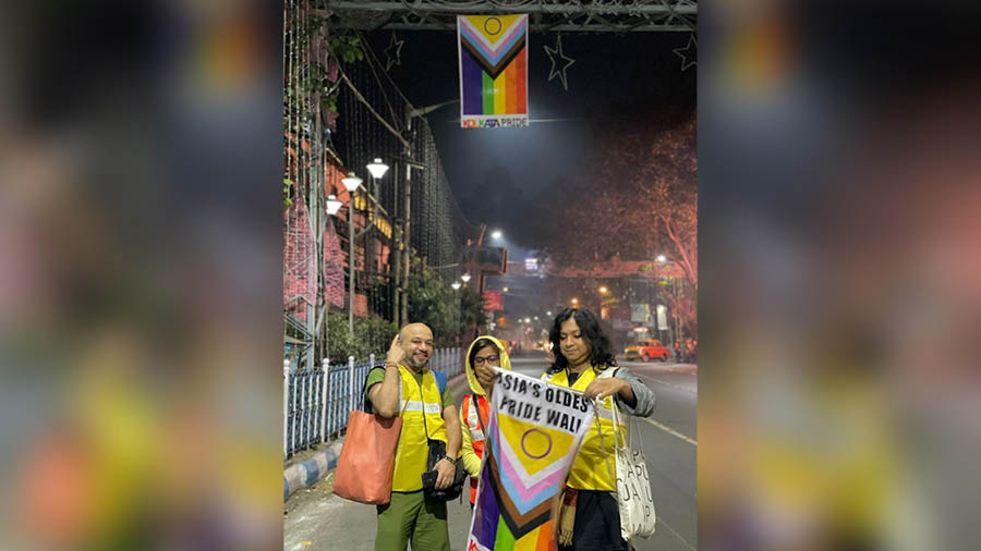 Organisers with flags and banners ahead of the event