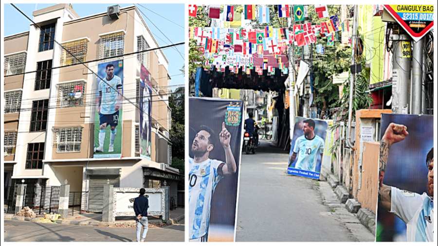 Parts of the city decked out in Argentine colours and giant posters of Lionel Messi ahead of the World Cup final on Sunday (Ganguly Bagan)