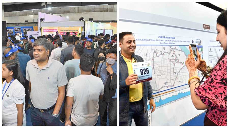 The crowd at the bib collection centre at Khudiram Anushilan Kendra on Saturday; (right) a runner with his bib   