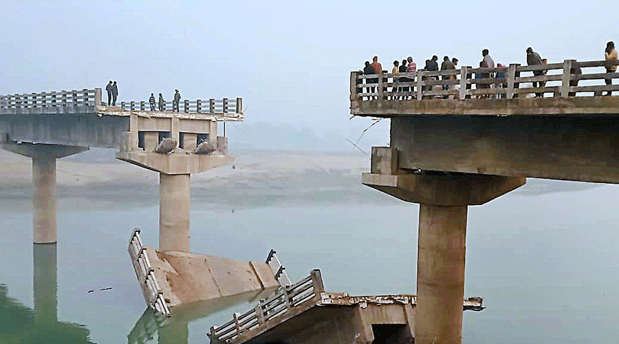 The bridge over the Burhi Gandak river that collapsed in Bihar’s Begusarai on Sunday.