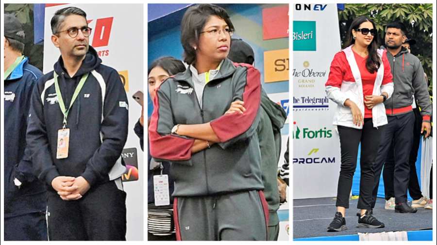 (Left to right) Abhinav Brinda, Jhulan Goswami, Actress Subhashree at the TSK 25K run