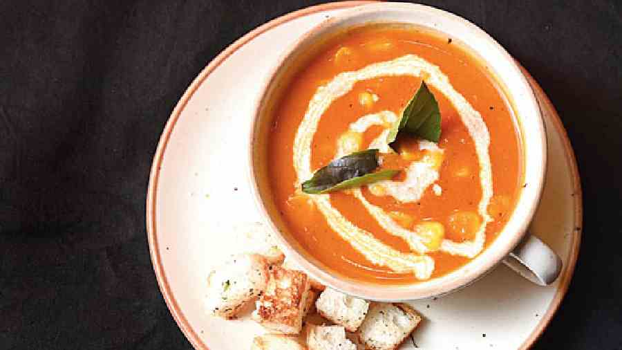 Peri Peri Corn & Chicken Soup: Get the sweetness of corn and the mild spiciness of peri peri chicken, in this thick and flavoursome soup. Rs 255