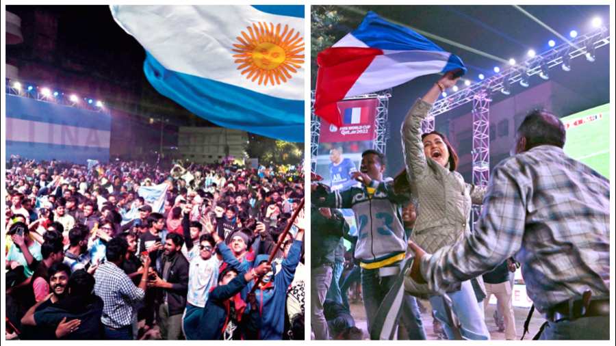 Argentina and (right) France supporters cheer for their teams at Netajinagar in Tollygunge where a giant screen was set up to beam the World Cup final on Sunday
