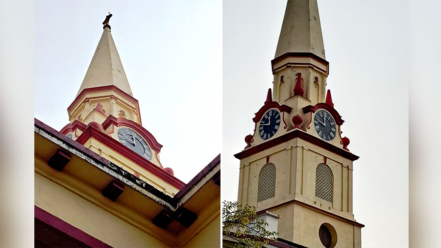 The church’s spire and clock tower