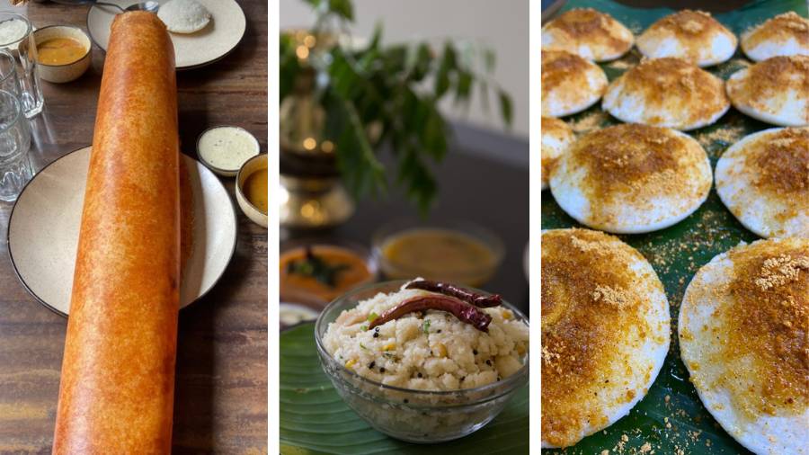 L-R: Paper dosa, upma and molagapodi idli