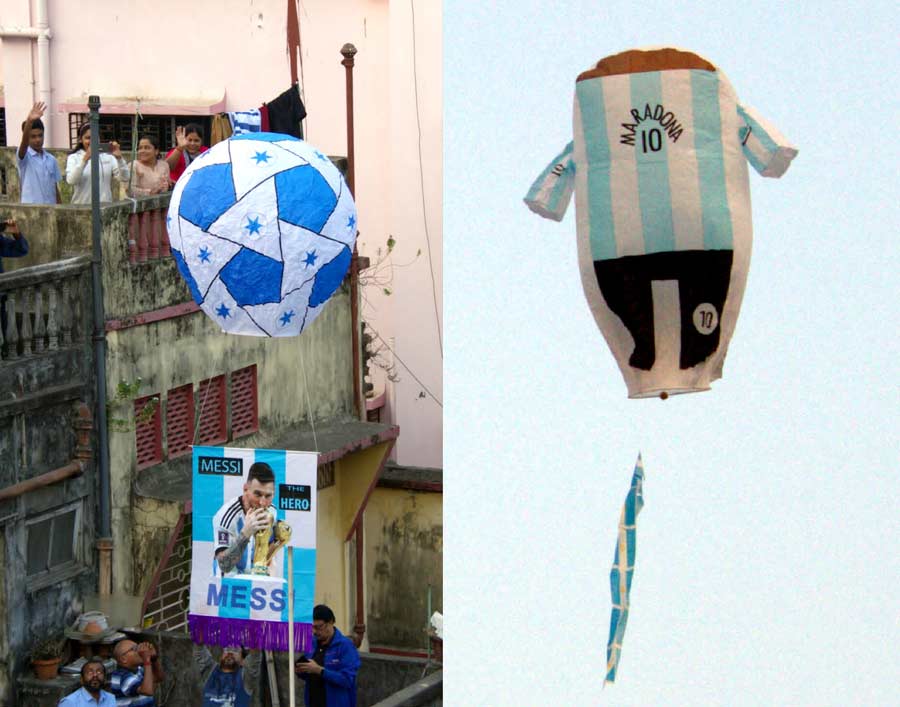 Lionel Messi and Diego Maradona hot-air balloons were flown to celebrate Argentina’s win. Maradona, the late Argentina great with whom Messi was so often compared, helped the South American country become the world champions in 1986